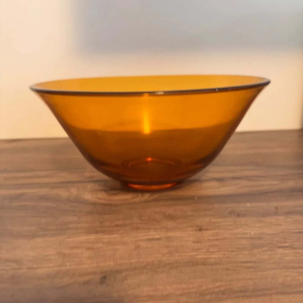 Vintage Amber Orange Glass Serving Bowl 10.25in MCM Mid Century Cone Salad Decor